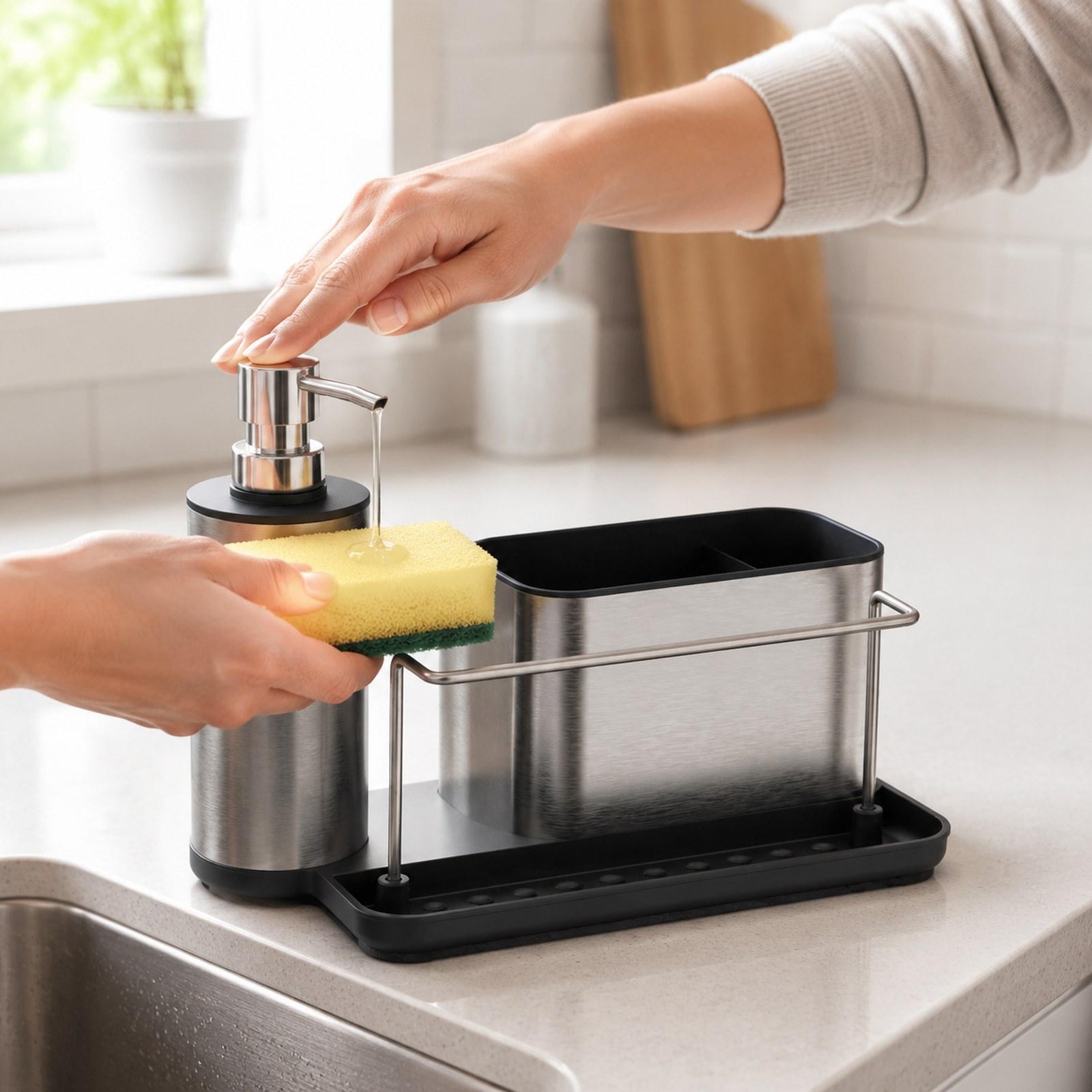 موزع صابون للمطبخ مع حامل إسفن - مراجعة Kitchen Gadgets Dispenser Brush Holder وسعره